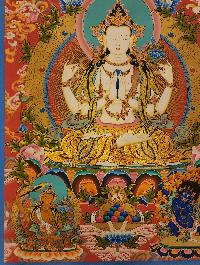 Chenrezig Thangka, [master Quality], Buddhist Traditional Painting, Tibetan Style, [real Gold], Three Great Bodhisattvas