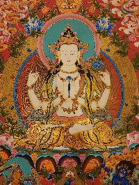 Chenrezig Thangka, [master Quality], Buddhist Traditional Painting, Tibetan Style, [real Gold], Three Great Bodhisattvas