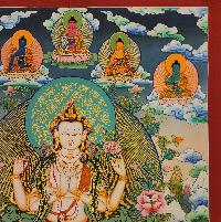 Chenrezig Thangka With Pancha Buddha, [master Quality], Buddhist Traditional Painting, Tibetan Style, Three Great Bodhisattvas