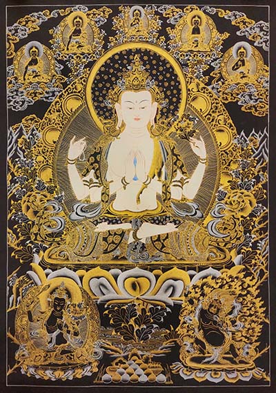 Chenrezig Thangka With Pancha Buddha, [black And Gold], Buddhist Traditional Painting, Tibetan Style, Three Great Bodhisattvas, [fast Selling]