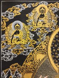 Chenrezig Thangka With Pancha Buddha, [black And Gold], Buddhist Traditional Painting, Tibetan Style, Three Great Bodhisattvas, [fast Selling]