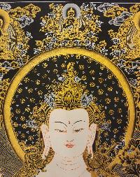 Chenrezig Thangka With Pancha Buddha, [black And Gold], Buddhist Traditional Painting, Tibetan Style, Three Great Bodhisattvas, [fast Selling]