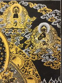 Chenrezig Thangka With Pancha Buddha, [black And Gold], Buddhist Traditional Painting, Tibetan Style, Three Great Bodhisattvas, [fast Selling]