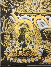 Chenrezig Thangka With Pancha Buddha, [black And Gold], Buddhist Traditional Painting, Tibetan Style, Three Great Bodhisattvas, [fast Selling]