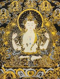 Chenrezig Thangka With Pancha Buddha, [black And Gold], Buddhist Traditional Painting, Tibetan Style, Three Great Bodhisattvas, [fast Selling]