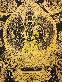 Sahasrabhuja Avalokitesvara Thangka, [black And Gold], Buddhist Traditional Hand Painting, Tibetan Style, [fast Selling], Three Great Bodhisattvas