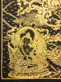 Chenrezig Thangka With Pancha Buddha, [black And Gold], Buddhist Traditional Painting, Tibetan Style, Three Great Bodhisattvas, [fast Selling]
