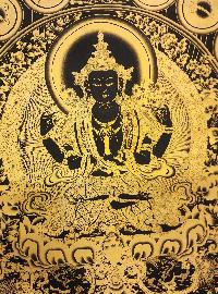 Chenrezig Thangka With Pancha Buddha, [black And Gold], Buddhist Traditional Painting, Tibetan Style, Three Great Bodhisattvas, [fast Selling]