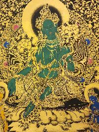 Green Tara Thangka, [black And Gold], Buddhist Traditional Hand Painting, Tibetan Style, [fast Selling]