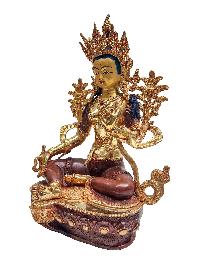 Green Tara, Buddhist Handmade Statue, With Gold Base, [partly Gold Plated, Face Painted]