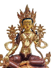 Green Tara, Buddhist Handmade Statue, With Gold Base, [partly Gold Plated, Face Painted]