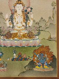 Chenrezig Thangka, Buddhist Traditional Painting, Tibetan Style, [real Gold], Three Great Bodhisattvas, [smoked Antique]