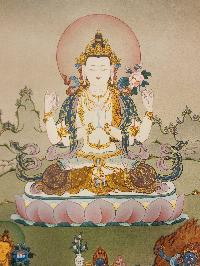 Chenrezig Thangka, Buddhist Traditional Painting, Tibetan Style, [real Gold], Three Great Bodhisattvas, [smoked Antique]