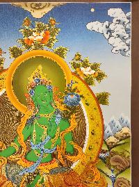 Green Tara Thangka, Buddhist Traditional Painting, Tibetan Style, [real Gold], [smoked Antique]