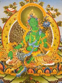 Green Tara Thangka, Buddhist Traditional Painting, Tibetan Style, [real Gold], [smoked Antique]