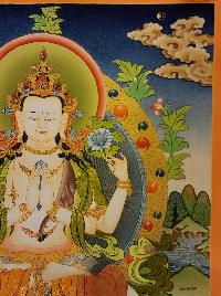 Chenrezig Thangka, Buddhist Traditional Painting, Tibetan Style, [real Gold], Three Great Bodhisattvas, [smoked Antique]