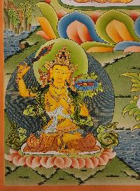 Chenrezig Thangka, Buddhist Traditional Painting, Tibetan Style, [real Gold], Three Great Bodhisattvas, [smoked Antique]