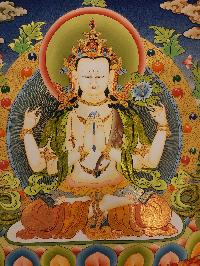 Chenrezig Thangka, Buddhist Traditional Painting, Tibetan Style, [real Gold], Three Great Bodhisattvas, [smoked Antique]