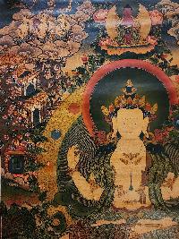 Chenrezig Thangka With Three Great Bodhisattvas, Buddhist Traditional Painting, Tibetan Style, [real Gold], [oiled Thangka], [old Stock]