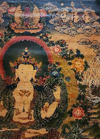 Chenrezig Thangka With Three Great Bodhisattvas, Buddhist Traditional Painting, Tibetan Style, [real Gold], [oiled Thangka], [old Stock]