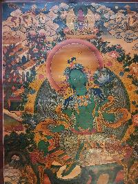 Green Tara Thangka, Buddhist Traditional Painting, Tibetan Style, Goddess Of Divine Grace, [real Gold], [oiled Thangka], [old Stock]