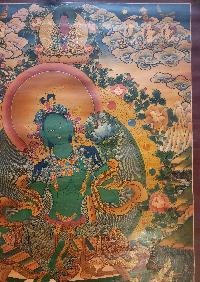 Green Tara Thangka, Buddhist Traditional Painting, Tibetan Style, Goddess Of Divine Grace, [real Gold], [oiled Thangka], [old Stock]