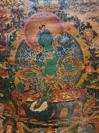 Green Tara Thangka, Buddhist Traditional Painting, Tibetan Style, Goddess Of Divine Grace, [real Gold], [oiled Thangka], [old Stock]