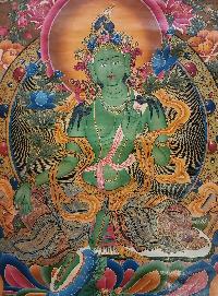 Green Tara Thangka, Buddhist Traditional Painting, Tibetan Style, Goddess Of Divine Grace, [real Gold], [oiled Thangka]