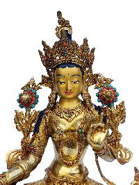 Green Tara, Buddhist Handmade Statue, [face Painted], [gold Plated]