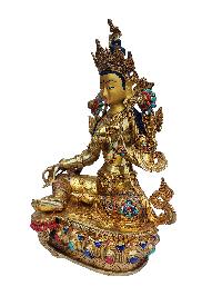 Green Tara, Buddhist Handmade Statue, [face Painted], [gold Plated]