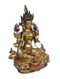 Green Tara, Buddhist Handmade Statue, [face Painted], [gold Plated]