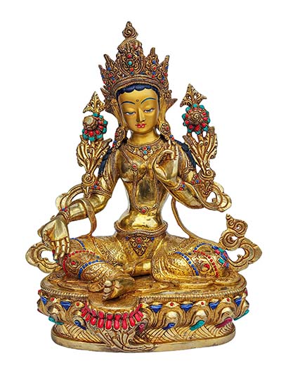 Green Tara, Buddhist Handmade Statue, [face Painted], [gold Plated], [stone Setting]