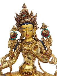 Green Tara, Buddhist Handmade Statue, [face Painted], [gold Plated], [stone Setting]