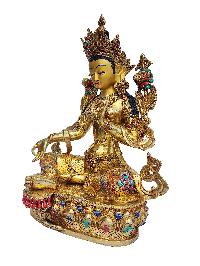 Green Tara, Buddhist Handmade Statue, [face Painted], [gold Plated], [stone Setting]