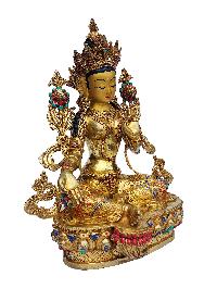 Green Tara, Buddhist Handmade Statue, [face Painted], [gold Plated], [stone Setting]