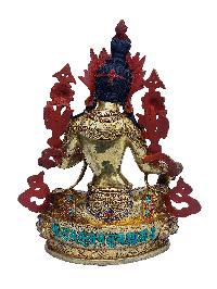 Green Tara, Buddhist Handmade Statue, [face Painted], [gold Plated], [stone Setting]