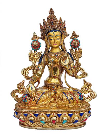 White Tara, Buddhist Handmade Statue, [face Painted], [gold Plated], [stone Setting]