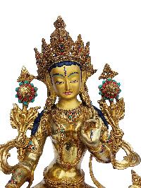 White Tara, Buddhist Handmade Statue, [face Painted], [gold Plated], [stone Setting]