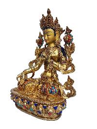 White Tara, Buddhist Handmade Statue, [face Painted], [gold Plated], [stone Setting]