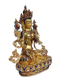 White Tara, Buddhist Handmade Statue, [face Painted], [gold Plated], [stone Setting]