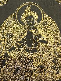 Green Tara Thangka, Buddhist Traditional Painting, Tibetan Style, Black And Gold