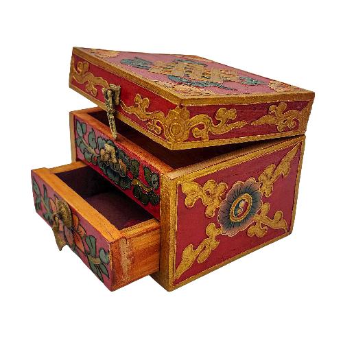 Tibetan Box With One Drawer And Top Opening Cabinet, [painted], Red