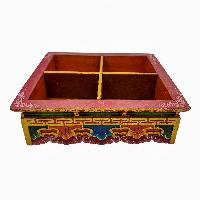 Tibetan Serving Box, [painted] With Four Containers - Compartments, [painted], Hand Carved