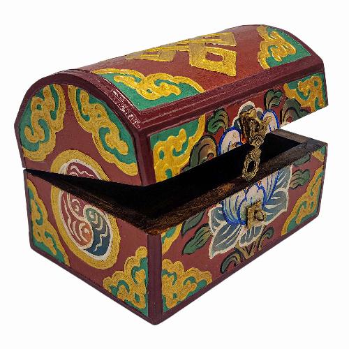 Tibetan Ritual Wooden Box With Endless Knot, [painted], Red And Yellow