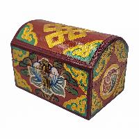 Tibetan Ritual Wooden Box With Endless Knot, [painted], Red And Yellow