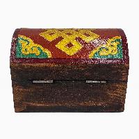 Tibetan Ritual Wooden Box With Endless Knot, [painted], Red And Yellow