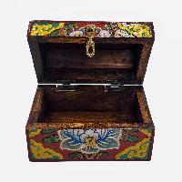 Tibetan Ritual Wooden Box With Endless Knot, [painted], Red And Yellow