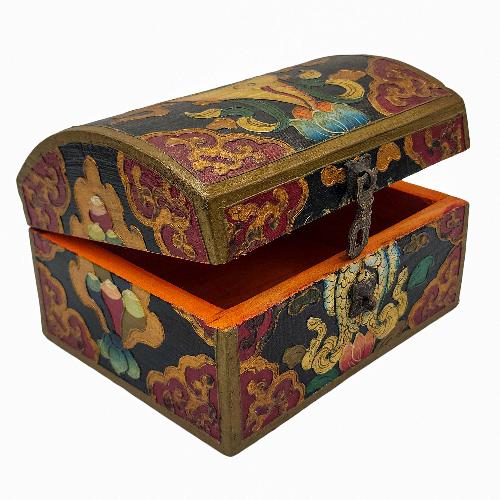 Tibetan Ritual Wooden Box With Shankha, [painted], Charcoal Gray