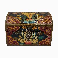 Tibetan Ritual Wooden Box With Shankha, [painted], Charcoal Gray