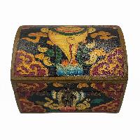 Tibetan Ritual Wooden Box With Shankha, [painted], Charcoal Gray